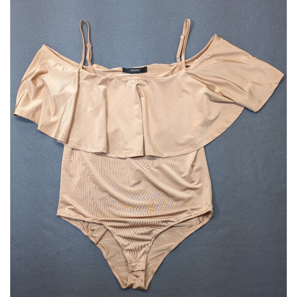 Forever 21 Women's Tan Beige Ribbed Ruffle Off-The-Shoulder Bodysuit Size Medium
